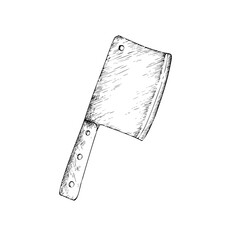 Vector Butcher knife. Graphic ink kitchen tool, Large sharp cleaver illustration, isolated on background. Hand drawn line sketch. For designers, prints, logo, icon, menu, postcards, holiday, covers