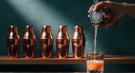 Professional bartender pouring a refreshing pink cocktail from a copper shaker with a strainer into a glass at a stylish bar.