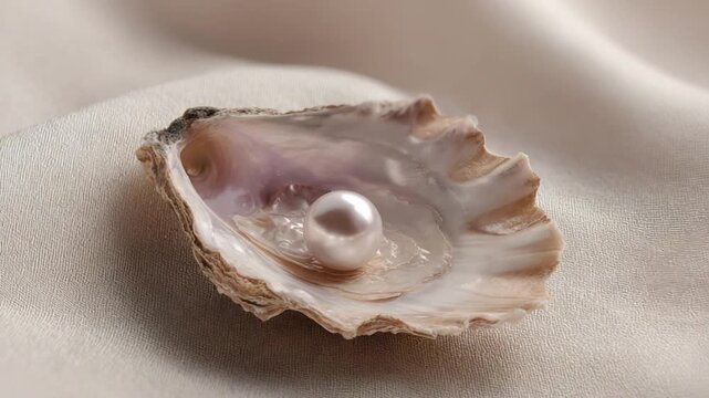 A lustrous, spherical pearl rests inside an open oyster shell on a textured silk cloth