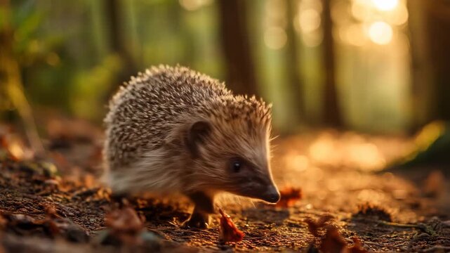 Tiny hedgehog on sunlit forest floor, sniffing leaves as warm light glows beneath pines golden hush