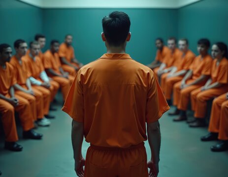 Man in orange jail suit leads group therapy session with inmates seated in room. prisoners listen intently, sharing thoughts and feelings in correctional facility setting.