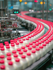 Obraz premium Rows of white bottles with red caps move seamlessly along a curved conveyor in a modern factory, illustrating automated production and efficiency in food or beverage manufacturing