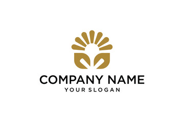 Abstract golden sun and leaf logo design on white, symbolizing nature, growth, and sustainability for business branding.