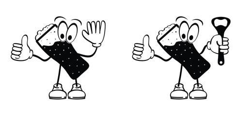 Cartoon stickman mascot beer glass and beer opener. For Beer bottle or beer tap. Alcohol drinks. Alcoholic tools. Brewery, restaurant, pub or bar concept. Drink a pin. For oktoberfest, beer festival. 