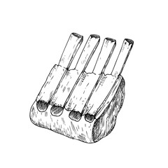 Vector Meat on the ribs. Graphic ink pork or beef illustration, isolated on background. Hand drawn line sketch. For designers, prints, logo, icon, menu, postcards, holiday, covers