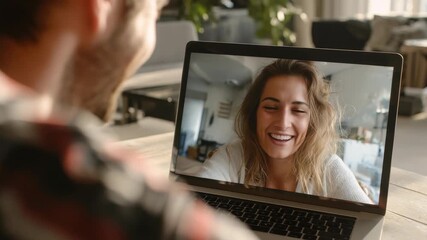 A close up view of a laptop screen shows a happy woman during an online video chat, highlighting digital interaction. The scene captures the essence of remote communication and social connection - Powered by Adobe