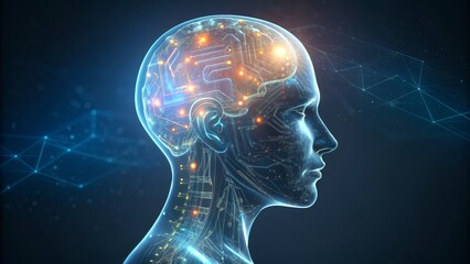 Digital representation of a neural network in a human head silhouette.