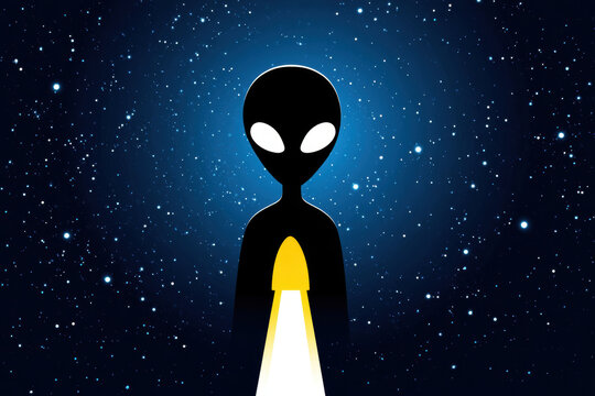 Alien encounter illustration with a spaceship beaming down a light. illustration depicts an alien being illuminated by a spaceship's beam, set against a starry night sky.