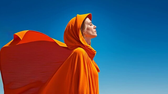 Woman in vibrant orange hooded cloak against clear blue sky, fabric flowing in wind