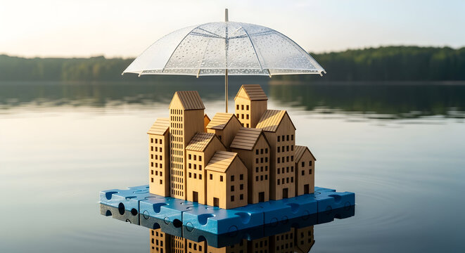 Perlindungan Rumah Model Kota Kecil Di Bawah Payung Transparan Di Atas Air