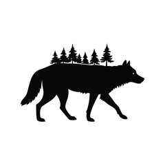 Silhouette of a wolf with pine trees on its back, walking forward, wolf walking in forest silhouette vector illustration
