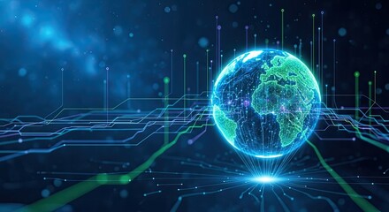 Electrifying global network connecting continents with energy and vibrant technology, shining a light on innovation and the future, a world of digital solutions