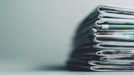 journalism. Artistic stack of newspapers under soft overhead light on a minimalist grey surface. lifestyle magazines, social media lookbooks, designed for influencer and brand collaborations.