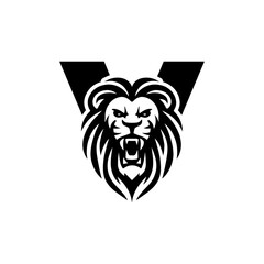 Letter V with Roaring lion head logo vector 