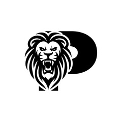 Letter P with Roaring lion head logo vector 