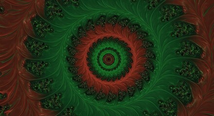 Vibrant Fractal Art: Mesmerizing Green and Red Swirls Optical Illusion Design