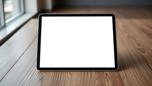 A digital tablet with a blank white screen sits on a wooden floor, near a window.