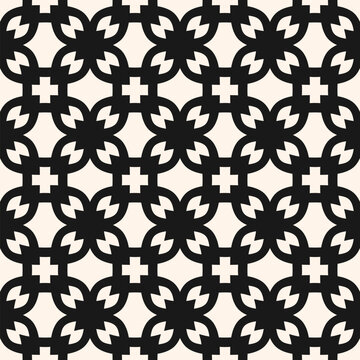 Abstract vector geometric ornament. Simple black and white seamless pattern with mosaic floral elements, crosses, leaves, grid, lattice. Elegant repeat background texture with gothic mediaeval motifs