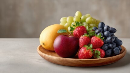 wedding eco friendly A wooden plate holds a colorful assortment of fresh fruits, including apples, grapes, strawberries, and lemons.