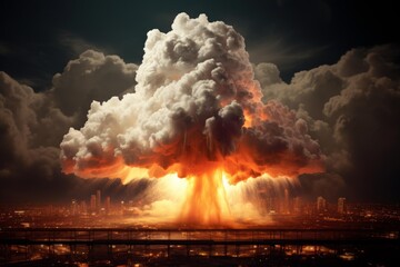 Mushroom cloud rising over city after nuclear explosion, creating dramatic scene of destruction and devastation