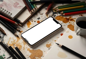 A smartphone with a blank screen sits amidst art supplies and coffee.