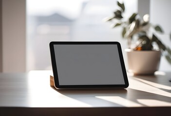 A tablet rests on a wooden stand on a table, with a potted plant in the background near a window.