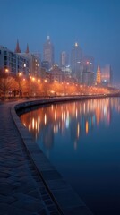Naklejka premium Cityscape at night with illuminated skyline reflected in calm water during dusk with warm streetlights and buildings lining the riverbank with a clear blue and orange sky.
