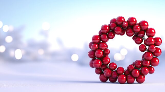 A stunning red berry wreath adorned with lights resting on pristine snow, illuminated by a serene ethereal background in high resolution