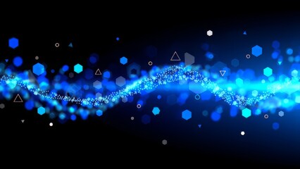 Abstract blue light wave with glowing particles on dark background
