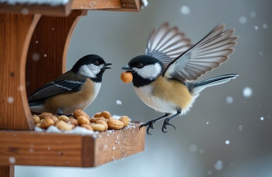 Two chickadees forage on a snow-dusted feeder in winter. One bird takes off with a peanut. Small birds eat seeds and nuts from a wooden bird table outside.