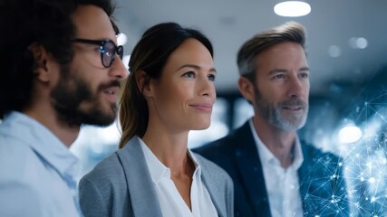 A diverse group of businesspeople collaborate in a contemporary workspace, symbolizing innovation and digital transformation. Futuristic network graphics highlight their forward thinking approach - Powered by Adobe