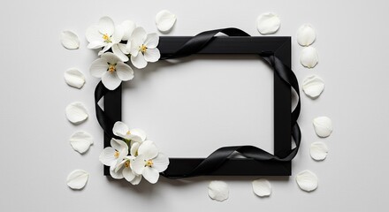 Elegant black frame adorned with white orchids and ribbon for memorial or celebration