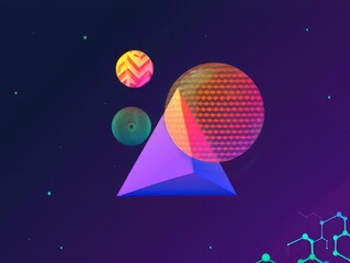 Colorful abstract 3D composition with geometric pyramid and patterned spheres
