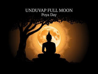 Serene buddha meditation under a full moon on poya day amidst silhouetted tree branches