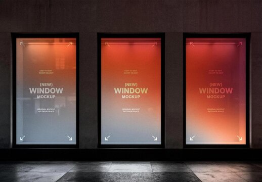 3 Glowing Storefront Windows Mockup