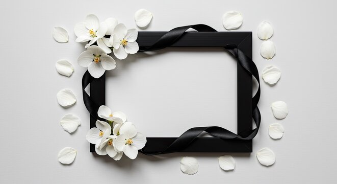 Elegant black frame adorned with white orchids and ribbon for memorial or celebration