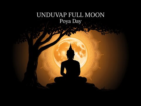 Serene buddha meditation under a full moon on poya day amidst silhouetted tree branches
