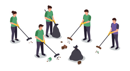 Community volunteers collecting trash in isometric style