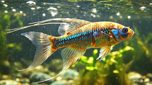 Delicate fins of a threadfin rainbowfish catch the light as it hovers in the midstream