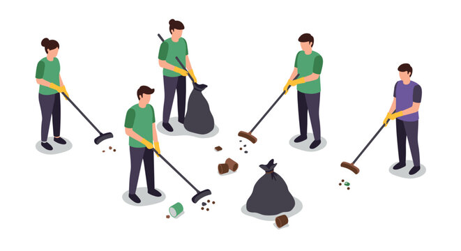 Community volunteers collecting trash in isometric style