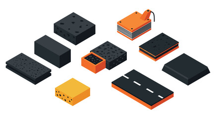 Isometric construction materials set featuring asphalt and industrial components