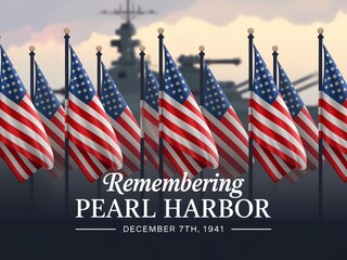 Remembering pearl harbor december 7th 1941 with american flags and battleship silhouette