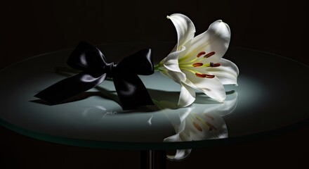 Elegant white lily with black ribbon on reflective glass, conveying sympathy and remembrance minimal