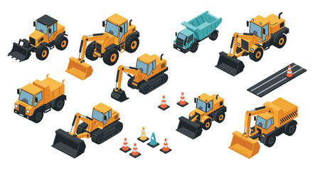 Obraz premium Isometric construction vehicles and equipment set with detailed machinery and tools