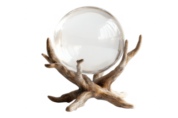 Clear sphere on weathered wood stand isolated on a transparent background
