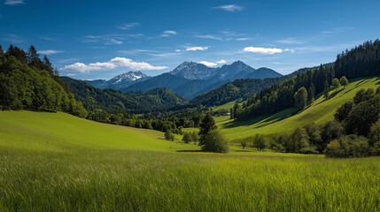A breathtaking panorama of a sunlit green valley surrounded by dense forests and dramatic, snowcapped mountains under a vast, clear blue sky