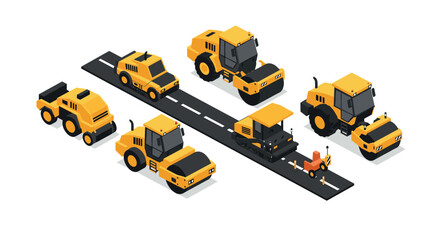 Obraz premium Isometric construction vehicles on road: set of heavy machinery illustrations