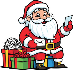 Happy Santa Claus reading Christmas letters, surrounded by colorful gift boxes, festive holiday illustration, cheerful Christmas cartoon, joyful winter celebration art