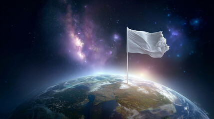 Wei&szlig;e Friedensflagge &uuml;ber der Erde im Weltraum &ndash; Symbol f&uuml;r Frieden und Einheit