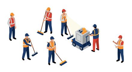Construction workers in isometric design operating floor cleaning machine